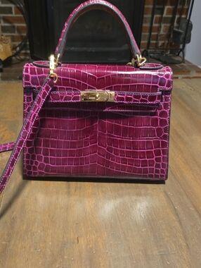 Structured Croc-Embossed Satchel in Magenta with Gold Hardware